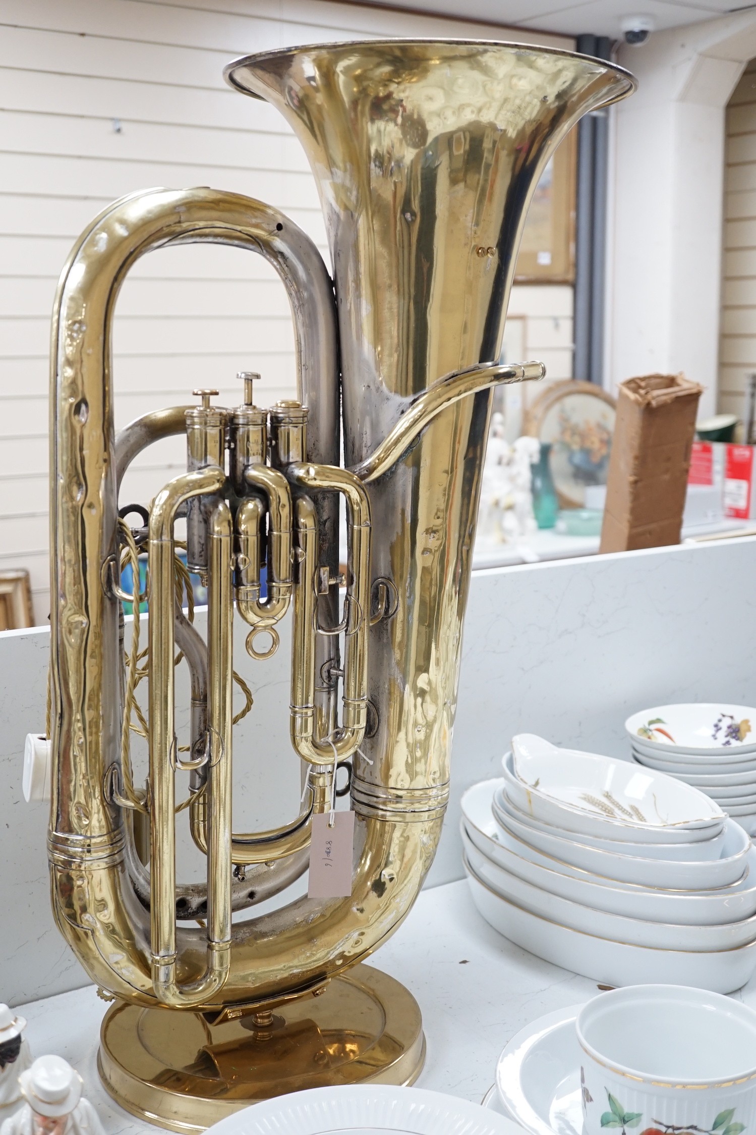 A Boosey & Co. tuba mounted as a table lamp 78cm